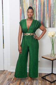 Metallic Green Jumpsuit - Holiday Style  Introducing our show-stopping Metallic Jumpsuit—a true embodiment of modern glamour and comfort.