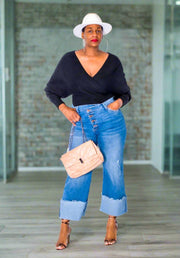 Crossover Wide Leg Trousers in medium stone from Tosh`E Boutique, featuring a high waistline, elegant crossover waist detail, and wide-leg silhouette. Stylish and versatile design for both casual and formal occasions."