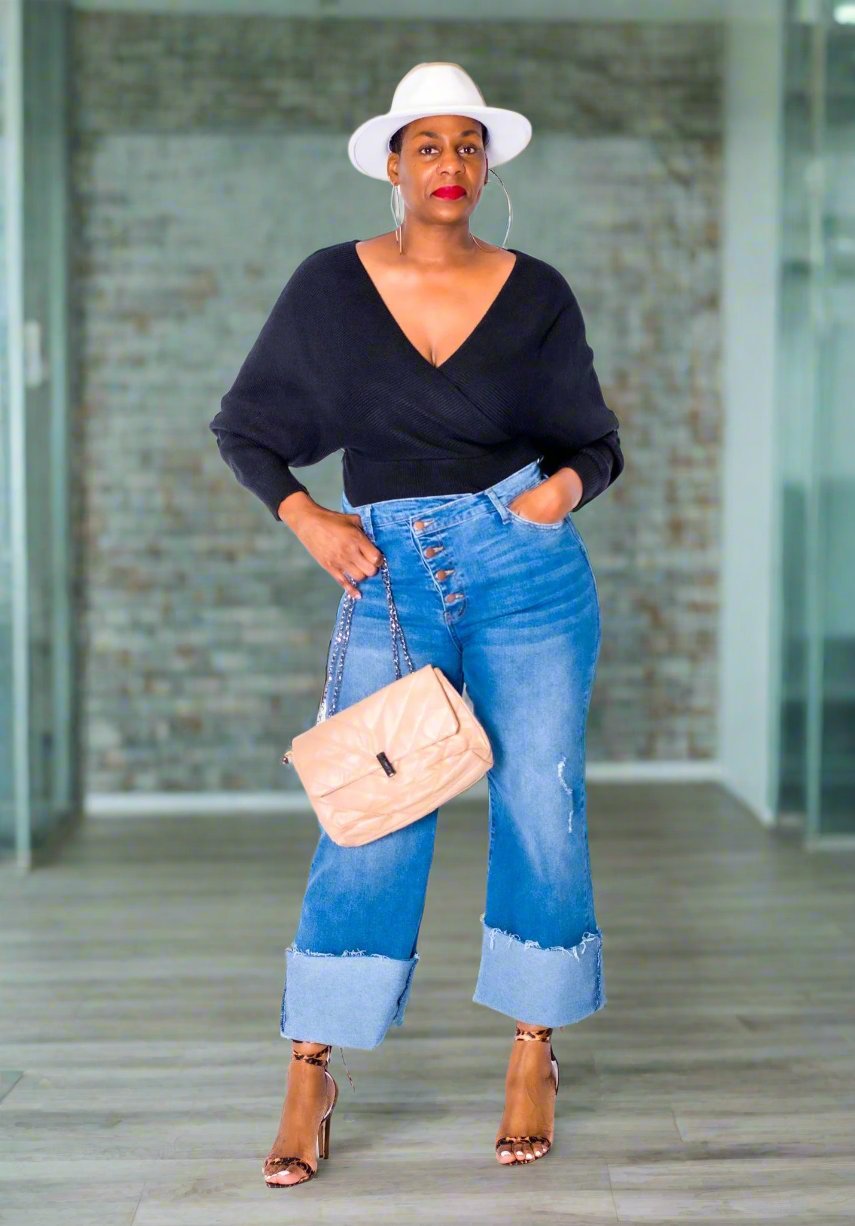 Crossover Wide Leg Trousers in medium stone from Tosh`E Boutique, featuring a high waistline, elegant crossover waist detail, and wide-leg silhouette. Stylish and versatile design for both casual and formal occasions."