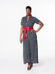 A classic look with timeless appeal, this polka dot jumpsuit is expertly crafted from breathable cotton-blend fabric. Featuring a V-neckline, side slits, and pockets, this jumpsuit evokes a relaxed yet stylish fit. Comes with a complimentary face mask for a complete, modern look. Belt is not included.