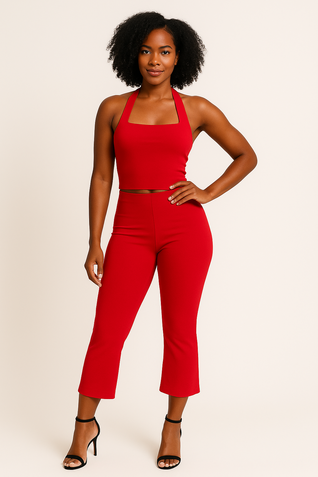 Full-length portrait of a Black woman standing against an off-white backdrop, wearing a bright red halter-neck crop top with a square front and matching high-waisted capri-length leggings that flare slightly at the hem. Her natural curls frame her face, she wears black strappy heels, and the clean background highlights the bold silhouette of the set.