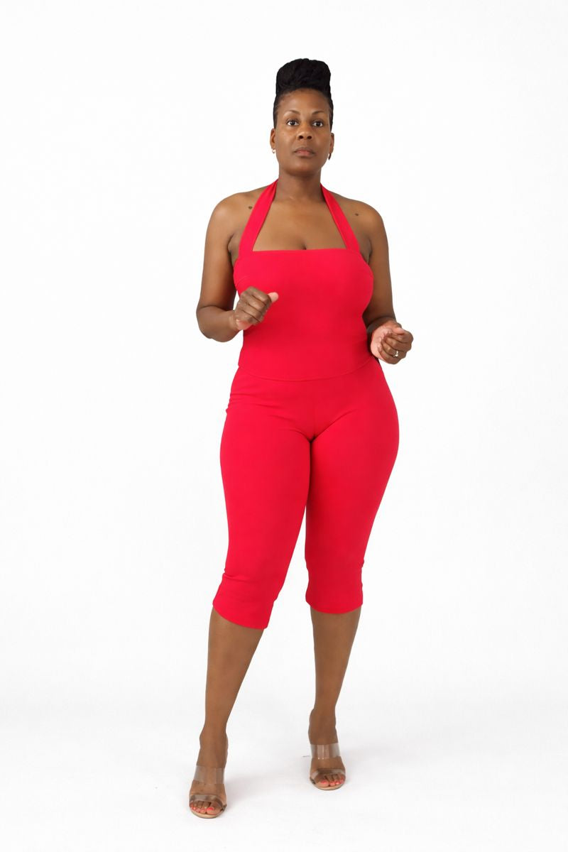 Red Halter Neck Capri Legging Set