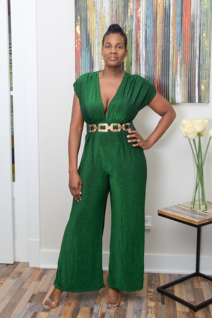 Metallic Green Jumpsuit - Holiday Style  Introducing our show-stopping Metallic Jumpsuit—a true embodiment of modern glamour and comfort. 