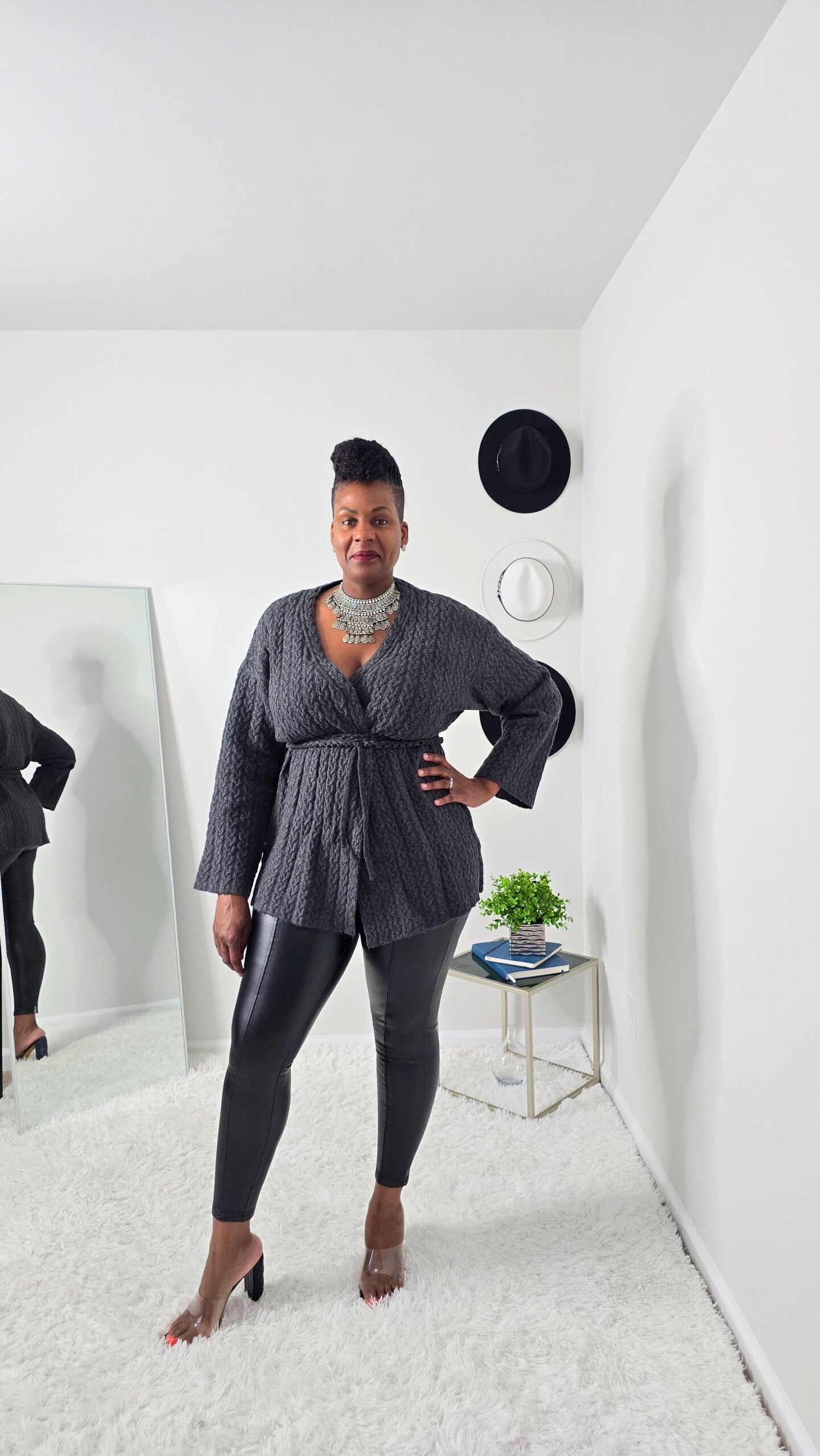 Cozy and stylish roomy fit cardigan in V-neck design with drawstring waist, sustainable recycled polyester fabric.