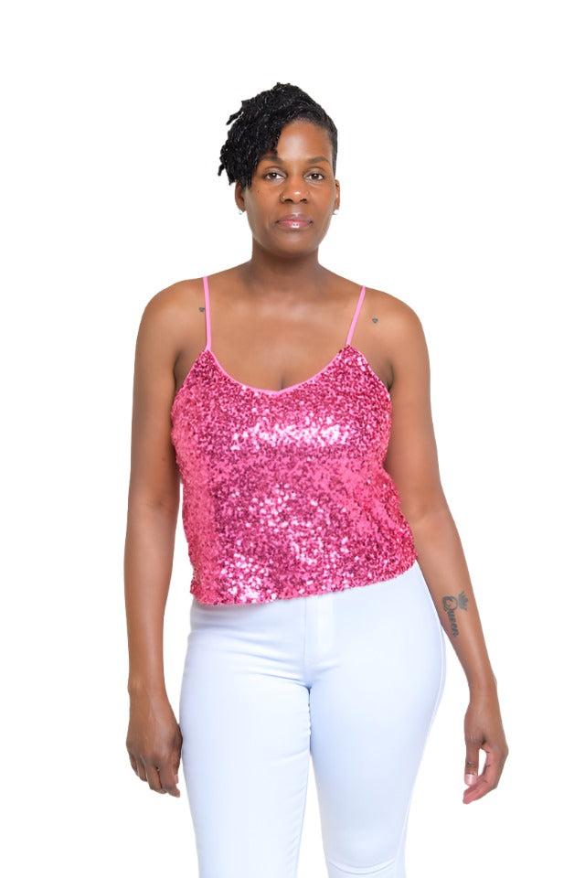 Pink Sequin Tank  Shine bright with our Pink Sequin Tank. This sleeveless top features a scoop neckline, adjustable straps, and a square cut back, offering a glamorous yet comfortable fit. The waist-length design pairs perfectly with high-waisted bottoms.  Key Details:  Available in Pink Sequin material Sleeveless Scoop neckline Adjustable straps Square cut back Waist length Pairs well with white super high waist pants found in the bottoms collection 