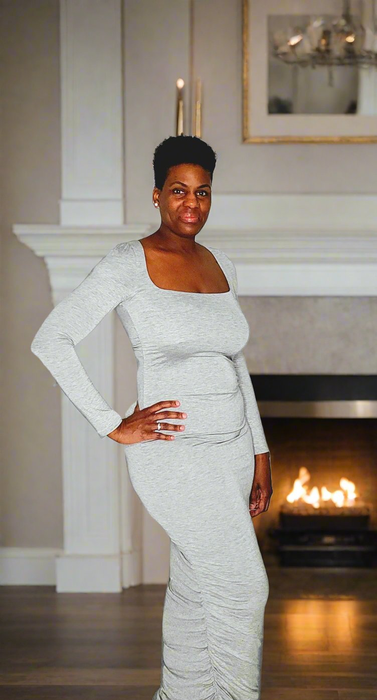 A stylish grey long sleeve full-length dress with a square neckline, soft and stretchy fabric made from 95% Rayon and 5% Spandex, featuring ruched sides for a flattering silhouette. Perfect for casual outings, work, or evening events.