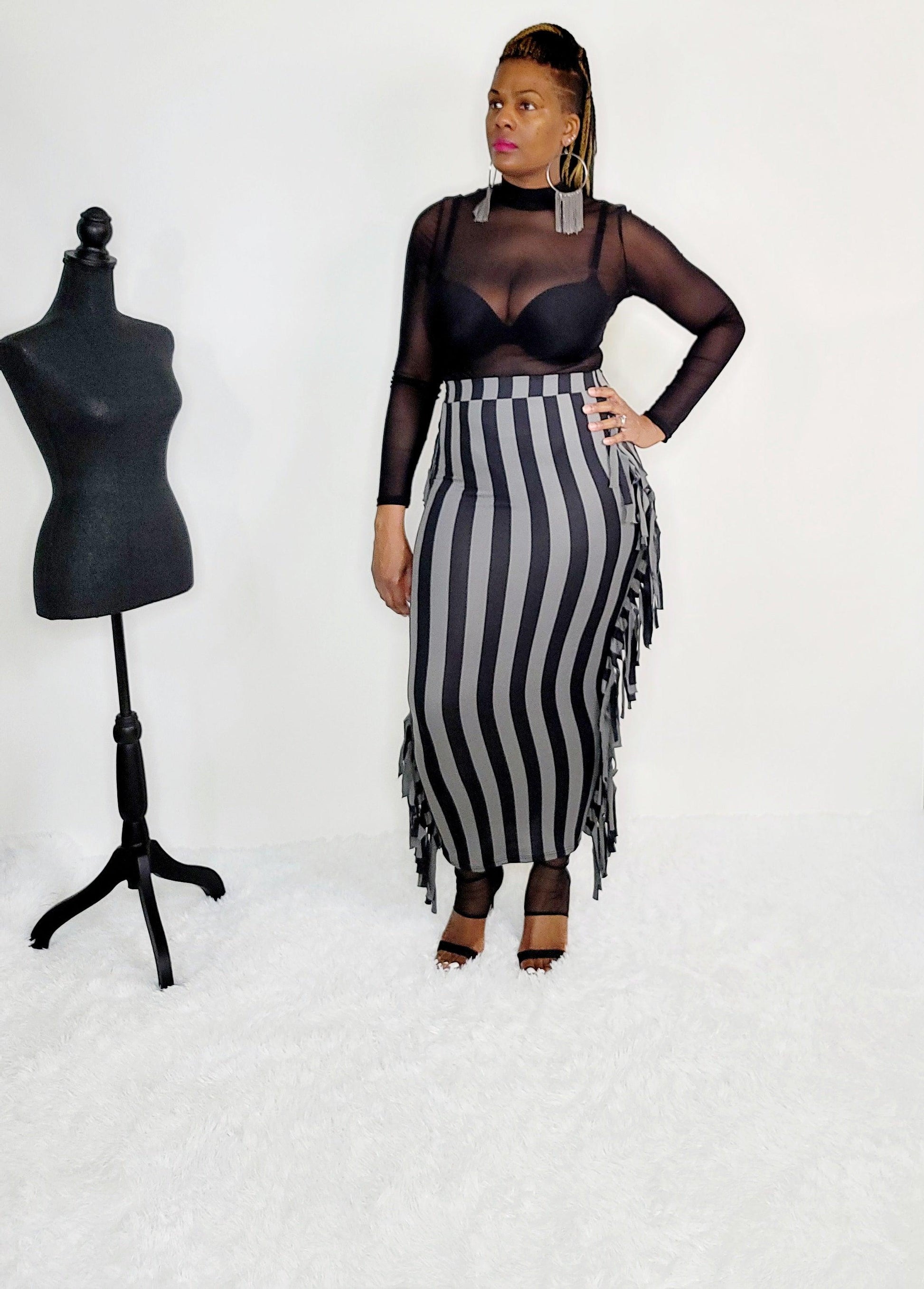 Grey/Black Stripe Maxi Fringe Skirt - Tosh`E Boutique