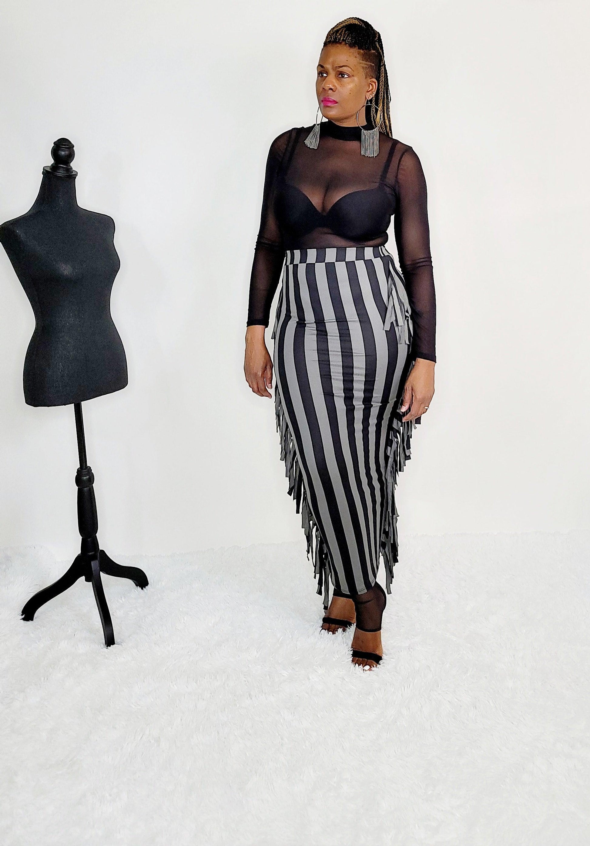 Grey/Black Stripe Maxi Fringe Skirt - Tosh`E Boutique