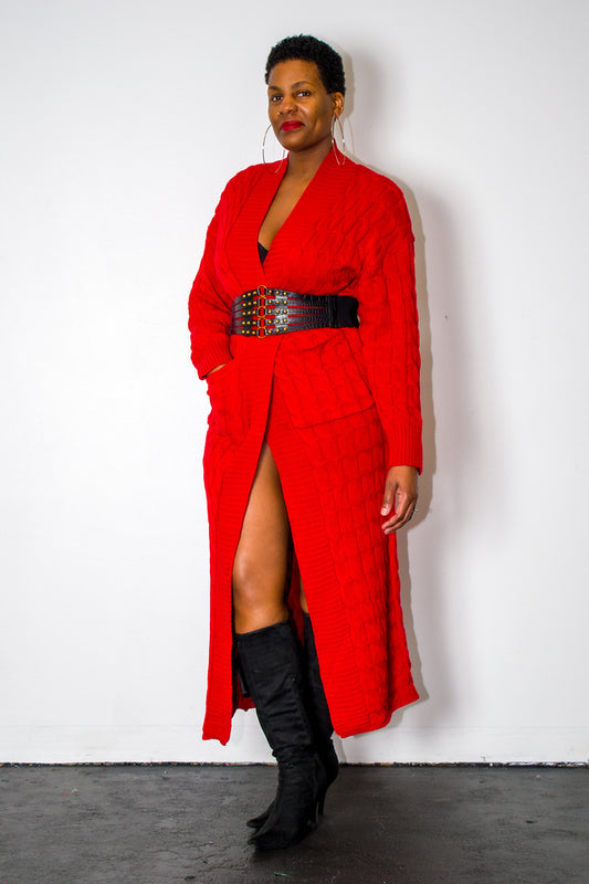 red long sleeve oversize knit cardigan 