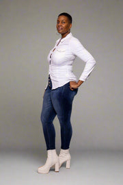 High Rise Curvy Denim - Perfect for a Modern, Yet Timeless Look  Elevate your denim collection with our High Rise Curvy Denim jeans. Available in a sophisticated dark blue wash, these jeans are designed to enhance your curves and provide a luxurious silhouette.  Key Features:  High Rise: Rises 10 inches for a flattering fit. 